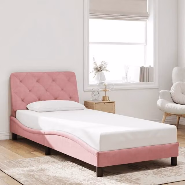 Struttura Letto Design Mania in Velluto Rosa con Giroletto L/P/H: 90 x 200 cm – 1