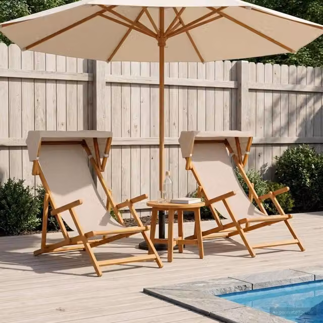 Set di 2 lettini da giardino vidaXL in legno di eucalipto oliato con tendalino beige