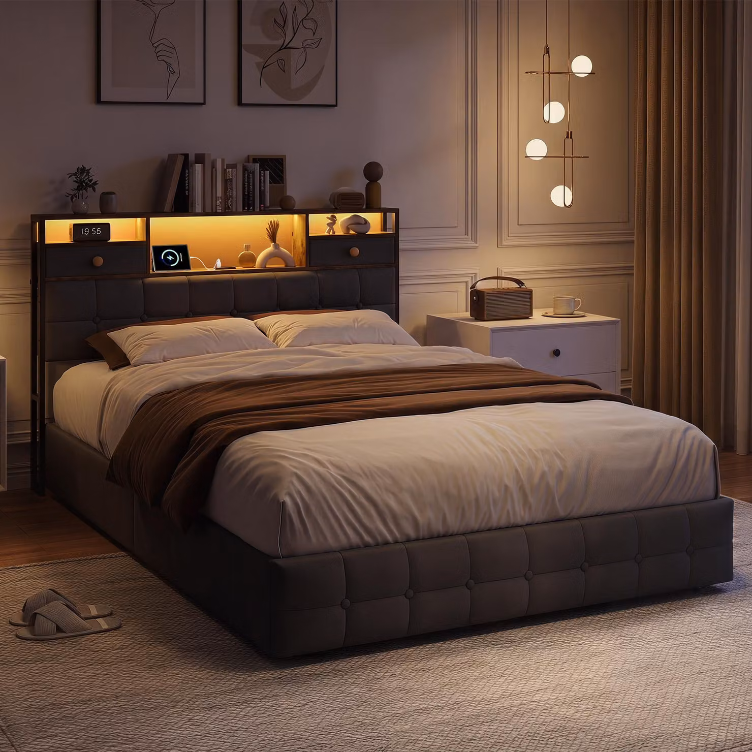 Letto imbottito ProximaX, 140x200 cm, rivestito in velluto grigio, con spazio contenitore, illuminazione LED RGB e porta USB