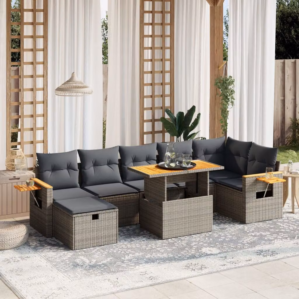 vidaXL Set Divano da Giardino 8 pz in Polyrattan Grigio con Cuscini e Tavolino da Esterno – 1