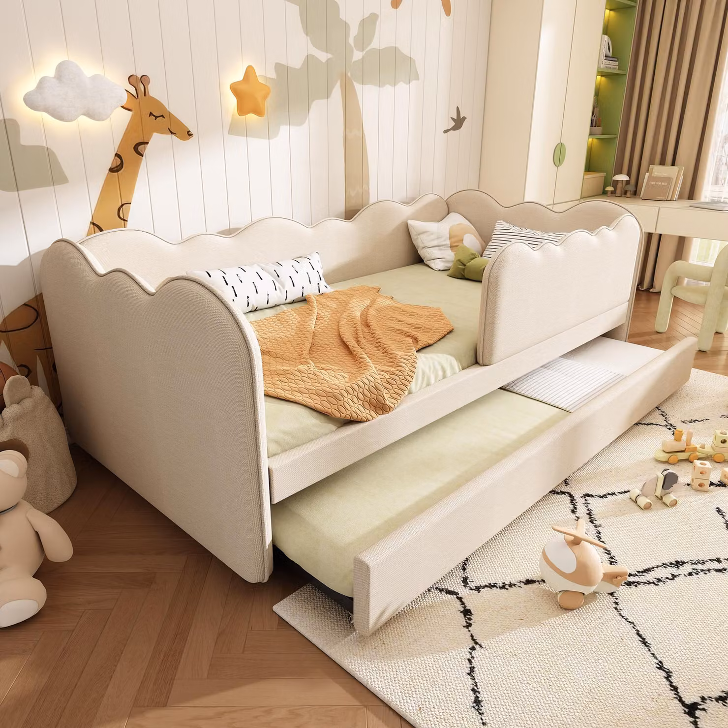 Letto imbottito Flieks 90x190cm con letto estraibile, letto per bambini, letto per ragazzi, divano letto con protezione anticaduta, biancheria da letto, beige