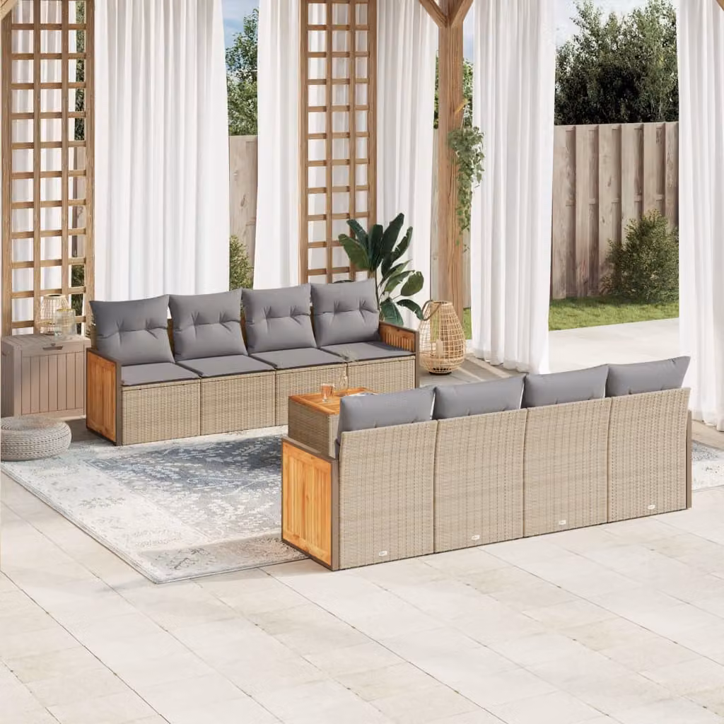 vidaXL Set Divano da Giardino 9 pz a forma di U con Cuscini Beige e Tavolino, Struttura in Acciaio Verniciato a Polvere e Polyrattan per Terrazza e Giardino – 1