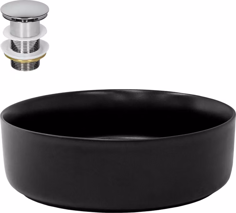 Lavabo LuxeBath Lavabo da appoggio rotondo, Ø 36x12 cm, nero, in Vetroceramica, incl. set di scarico senza troppopieno