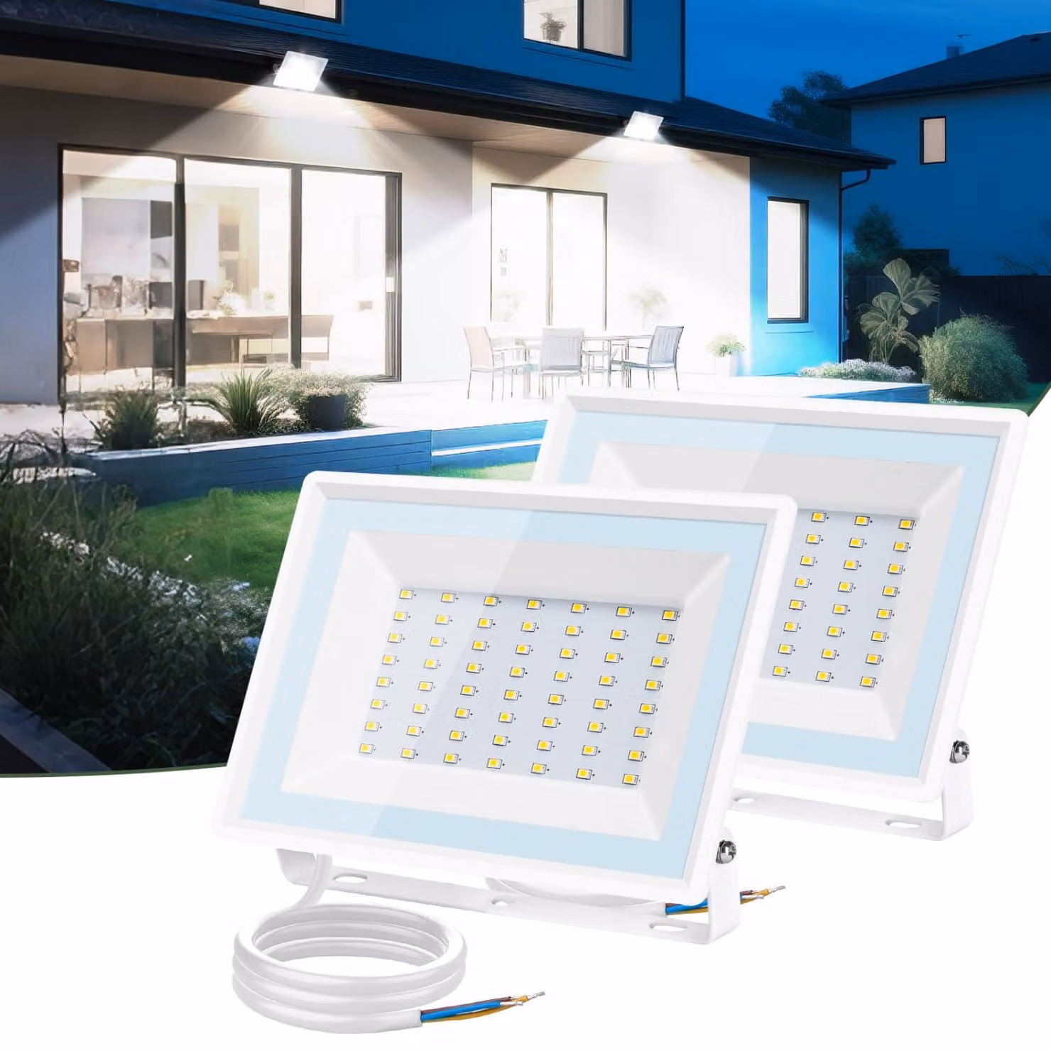 Aigostar, confezione da 2 fari LED da esterno da 50W, 4300LM, super luminosi, grado di protezione IP65, impermeabili, luce bianca fredda da 6500K, adatti per illuminare giardini, cortili, garage, hotel – 50W, 6500K