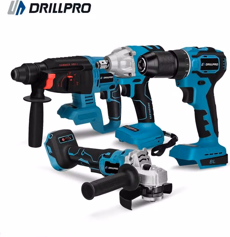Set di utensili elettrici - 4 in 1 - Avvitatore a impatto/Smerigliatrice angolare da 125 mm/Trapano da 13 mm/Martello perforatore - 18 V - Senza spazzole - 2 batterie - Spina UE - Oro