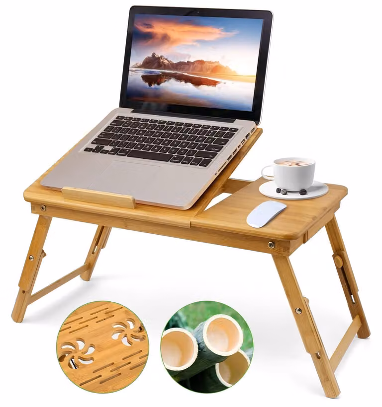 Tavolino per laptop in bambù, vassoio pieghevole da letto, scrivania regolabile, con fori di ventilazione, per computer
