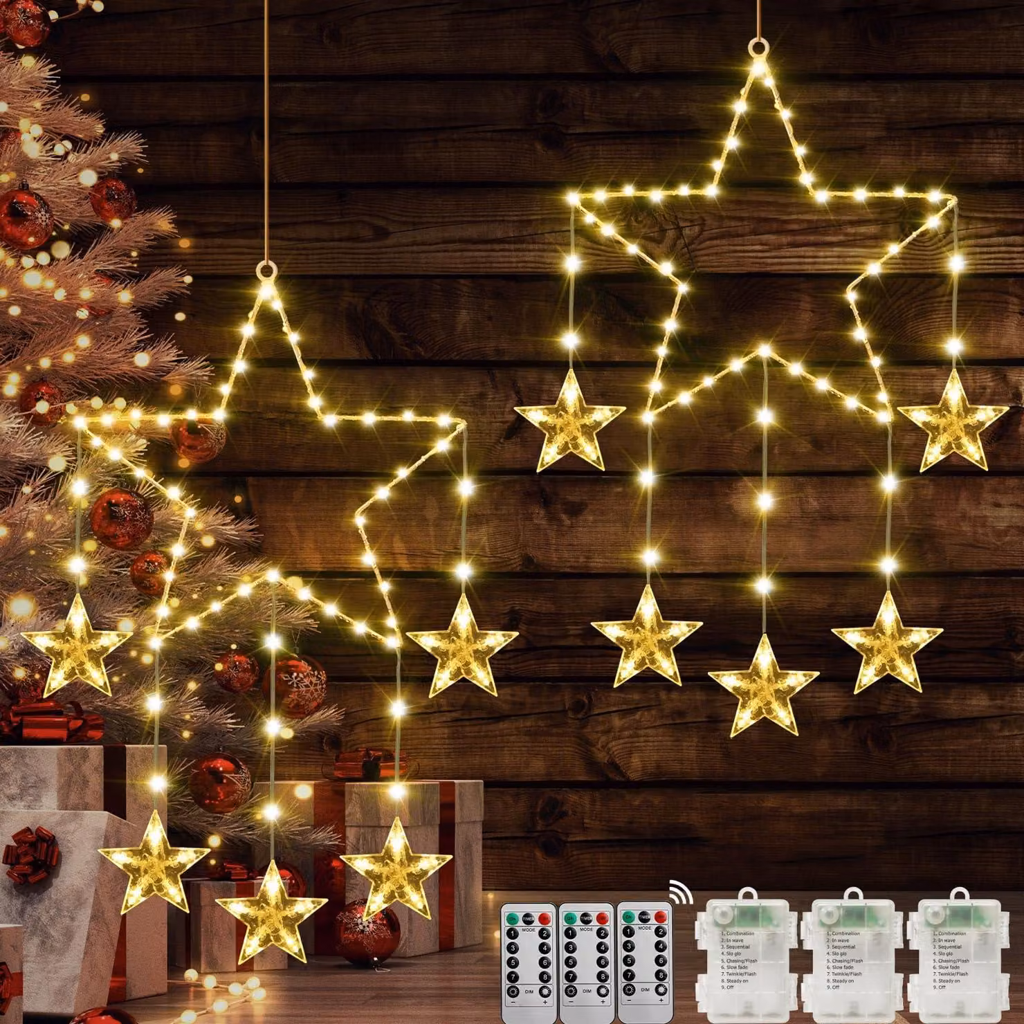 Decorazioni per finestre a forma di stella con luci LED, confezione da 2, 62 LED, luce bianco caldo, con timer