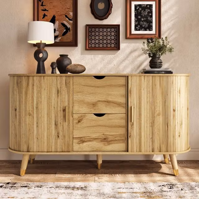 Sideboard per soggiorno con venatura verticale, 2 ante scorrevoli, 2 cassetti, gambe in legno massello e angolo arrotondato