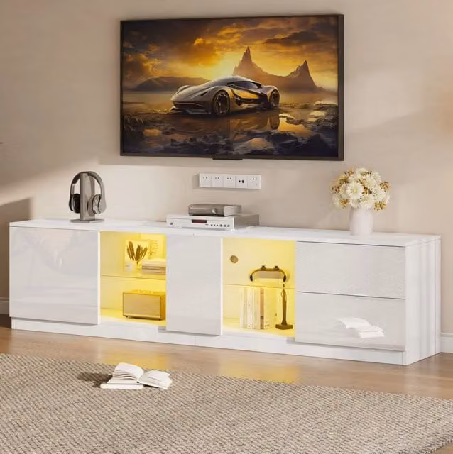Mobile TV 160x40x52 cm bianco in MDF con LED, 2 cassetti e vano