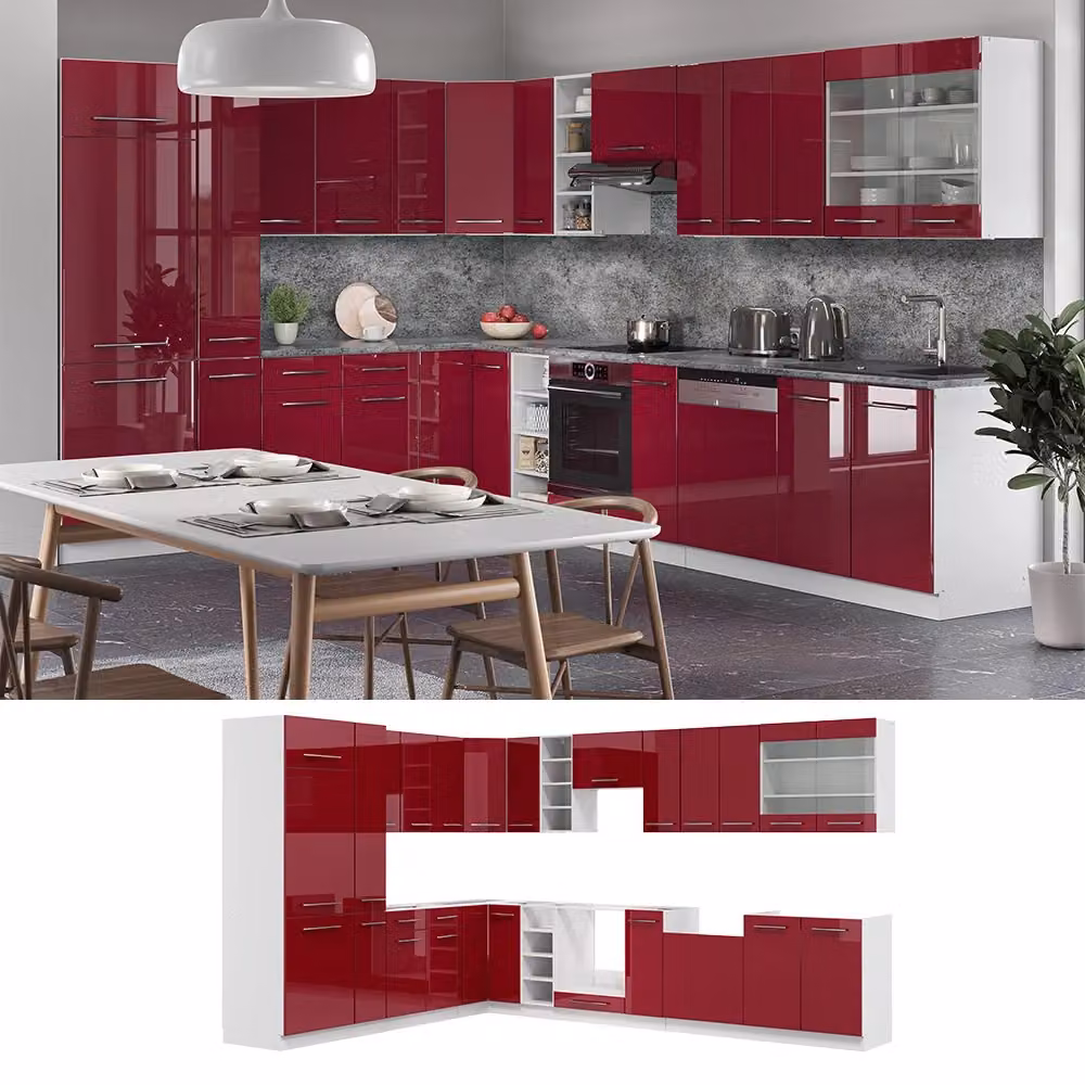 Cucina angolare moderna Vicco Fame-Line bordeaux lucido e bianco, senza piano di lavoro, L: 347 cm x P: 257 cm – 2