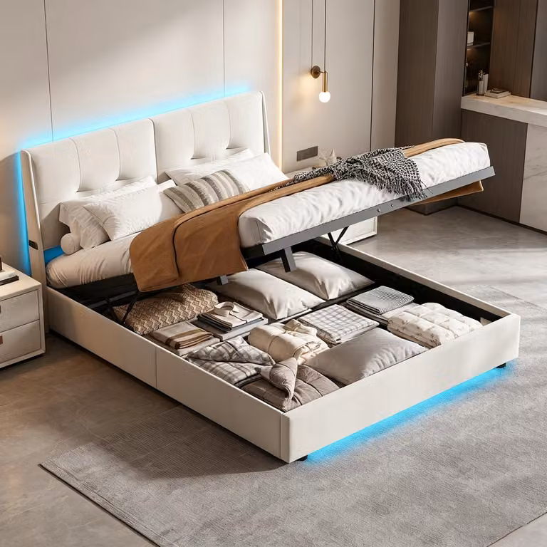 Letto con boxspring 160x200 cm con LED e rete a listelli, letto imbottito matrimoniale con sistema idraulico e spazio contenitore, letto per ragazzi, struttura letto, velluto, beige