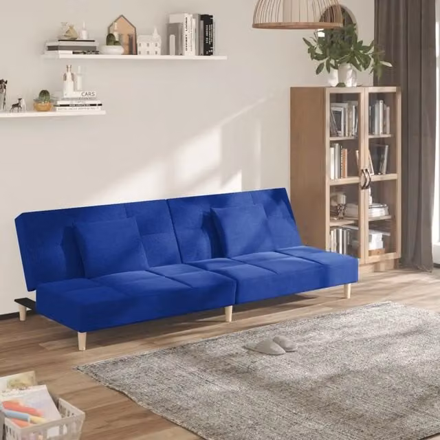 Divano Letto Click-Clack vidaXL in Tessuto Blu con 2 Cuscini e Struttura in Legno Solido per Soggiorno – 1