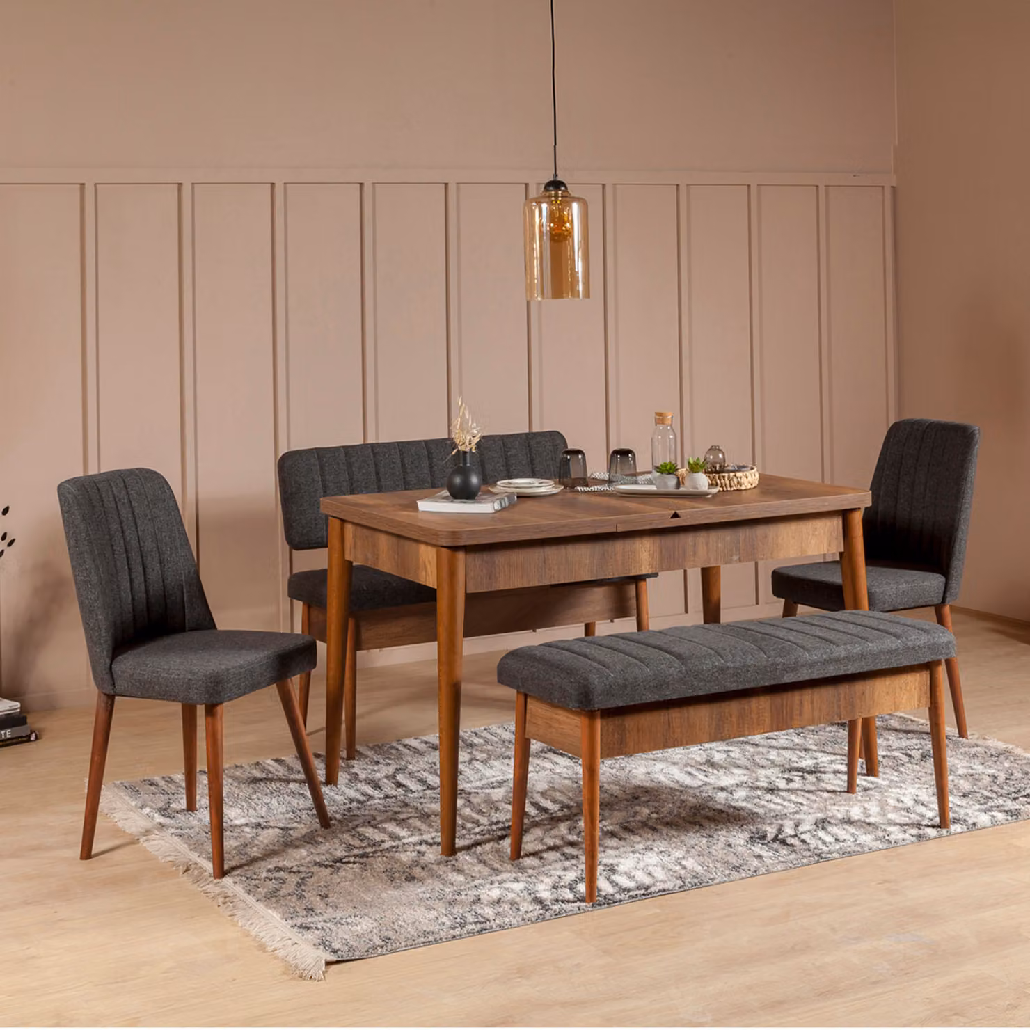 Skye Decor, Vina Walnut Anthracite, set composto da tavolo da pranzo allungabile e sedie (5 pezzi), noce, 100% PANNELLI DI PARTICELLE RIVESTITI IN MELAMMINA, 130 x 80 x 77 cm