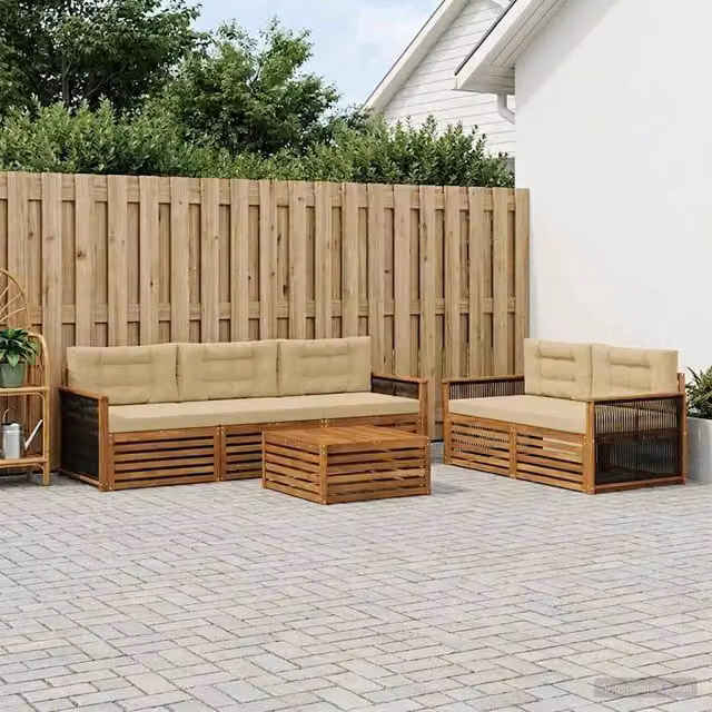 Set di divani da esterno vidaXL in legno di acacia con tavolo da caffè e cuscini, colore beige, design moderno a forma di L – 1