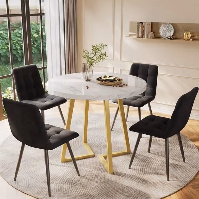 Set Tavolo da Pranzo Rotondo con 4 Sedie ¨C Xylo ¨C Piano MDF Bianco, Gambe Metallo Oro, Seduta Velluto Nero