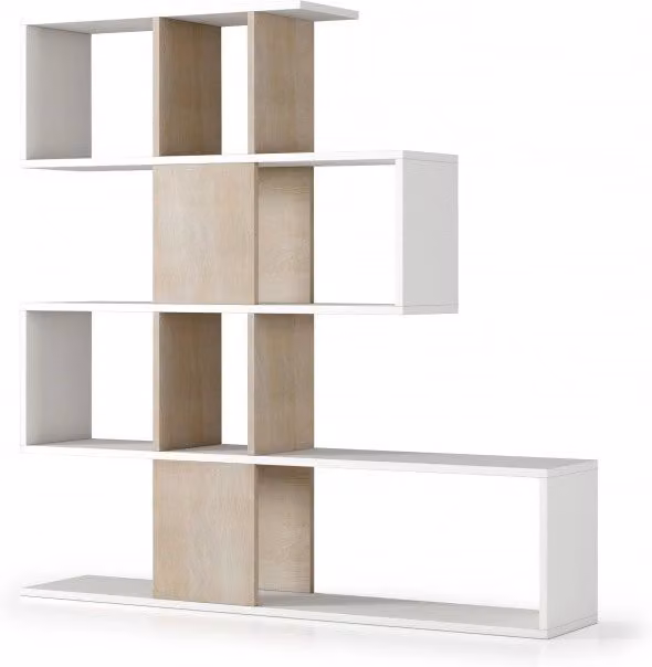 Libreria moderna bifacciale Iperbriko Terraneo con 5 ripiani, bianco e rovere, L: 145 cm, P: 29 cm, H: 145 cm