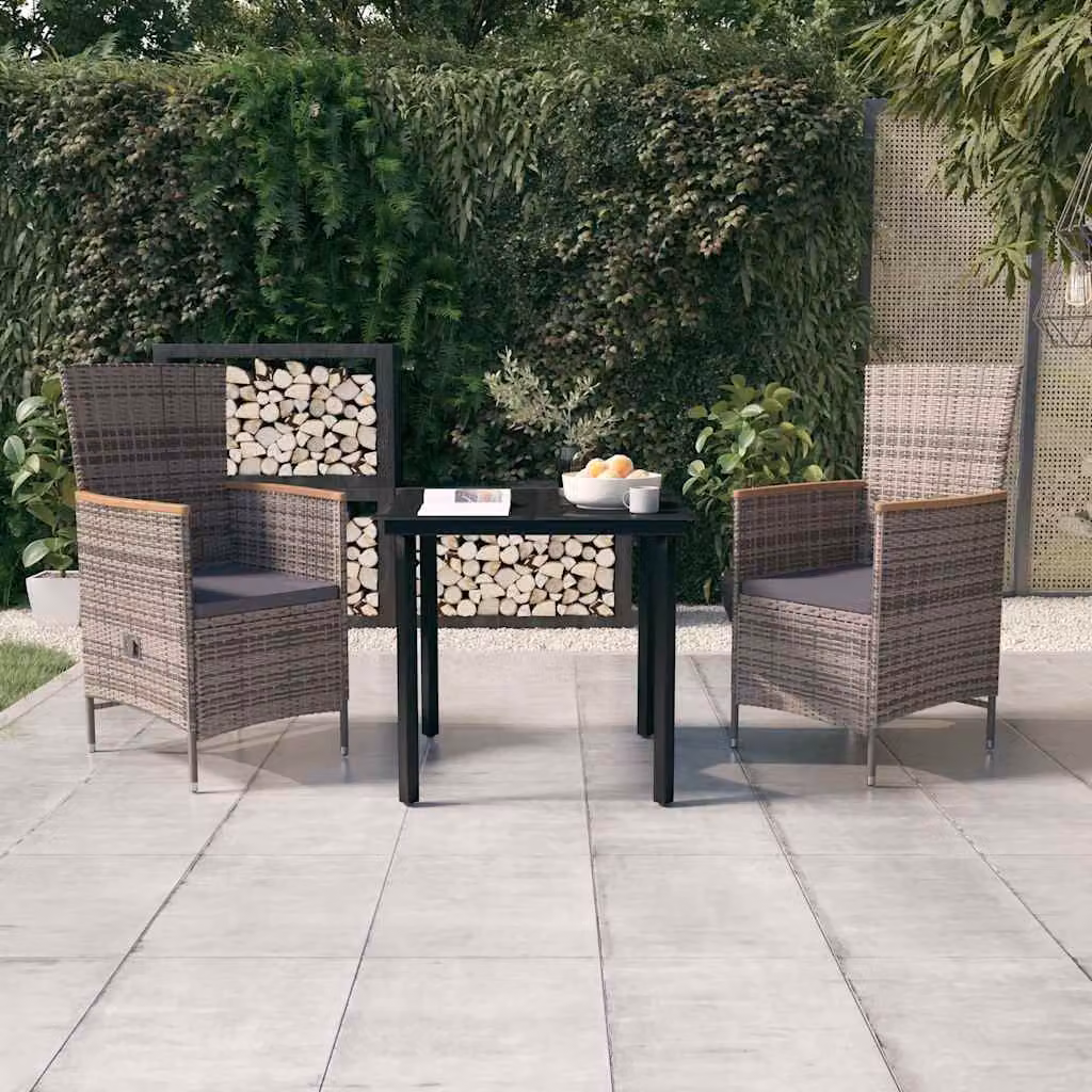Set da pranzo da giardino vidaXL in polyrattan e legno di acacia con cuscini, colore grigio e nero