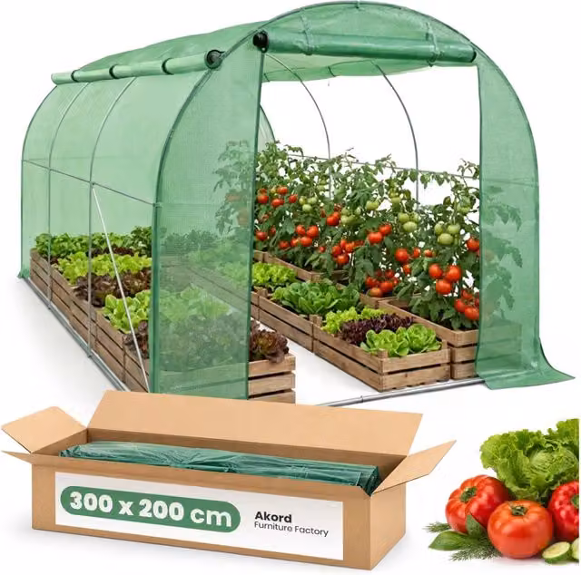 Serra da giardino a tunnel AKORD Furniture Factory in metallo galvanizzato e telo in PE verde e trasparente con 1 porta e 6 finestre L: 300 cm, P: 200 cm, H: 200 cm