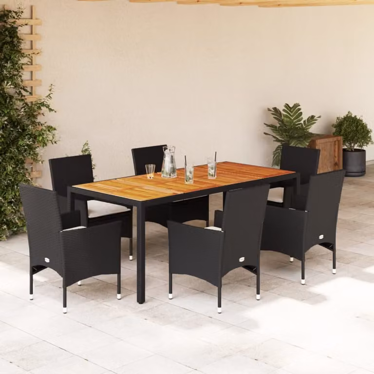 Set Pranzo da Giardino vidaXL in Polyrattan e Legno di Acacia Nero con Cuscini Beige, 7 Pezzi
