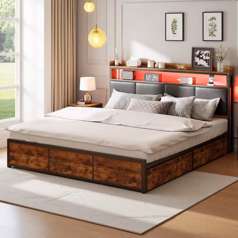 Letto matrimoniale in metallo INONEFT, 180x200 cm, con illuminazione LED, dotato di 4 cassetti, struttura con testiera e rete a doghe. Venduto senza materasso. Colore: nero PU