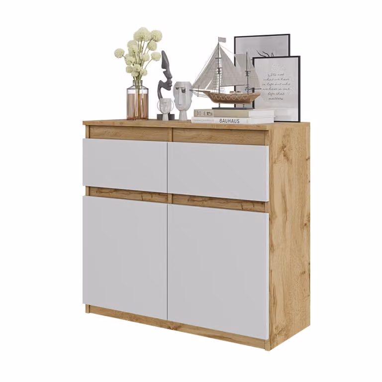 Comodà 80 cm in rovere Wotan / bianco opaco, 2 cassetti, 2 ante, 2 ripiani, soggiorno