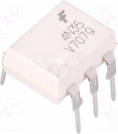 1 optoisolatore, modello 4N35VM, con tensione di uscita massima di 30V. Numero di canali di uscita: 1. Isolamento: 4,17 kV. Montaggio su circuito stampato (THT)