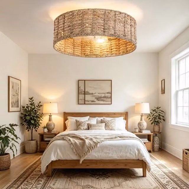 Lampada a soffitto con ventilatore in rattan e plastica, colore rame e beige, con telecomando, controllo Bluetooth e tecnologia LED, attacco E26, stile boho