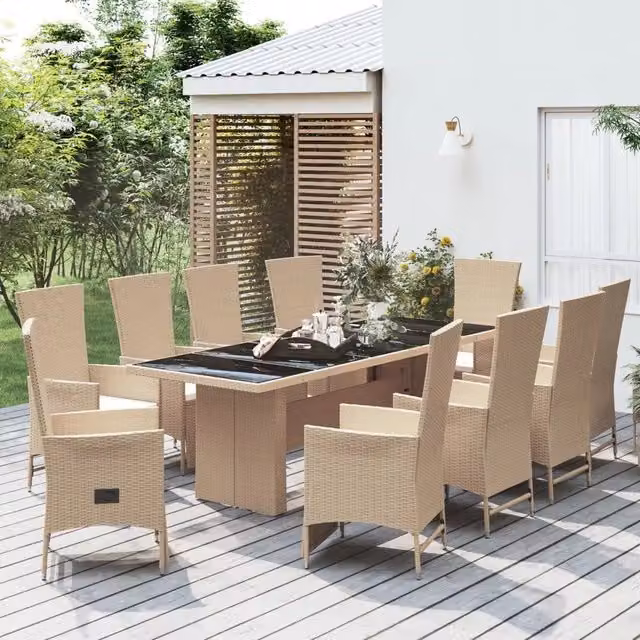 Set da pranzo da giardino vidaXL in polyrattan con tavolo in legno di acacia e cuscini beige e bianchi, 11 pezzi – 1