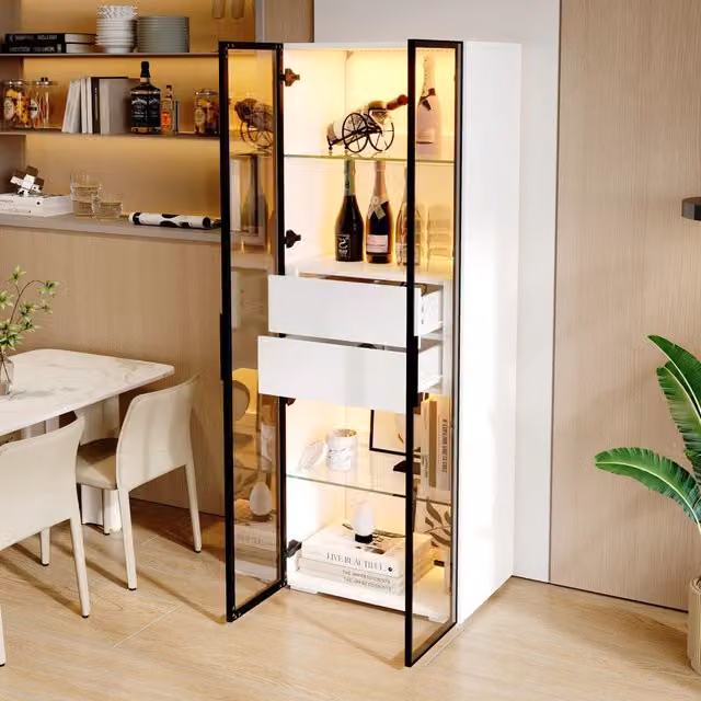 Vetrina REDOM con LED e ante in vetro temperato, finitura lucida bianco e nero, L: 60 cm, P: 40 cm, H: 160 cm