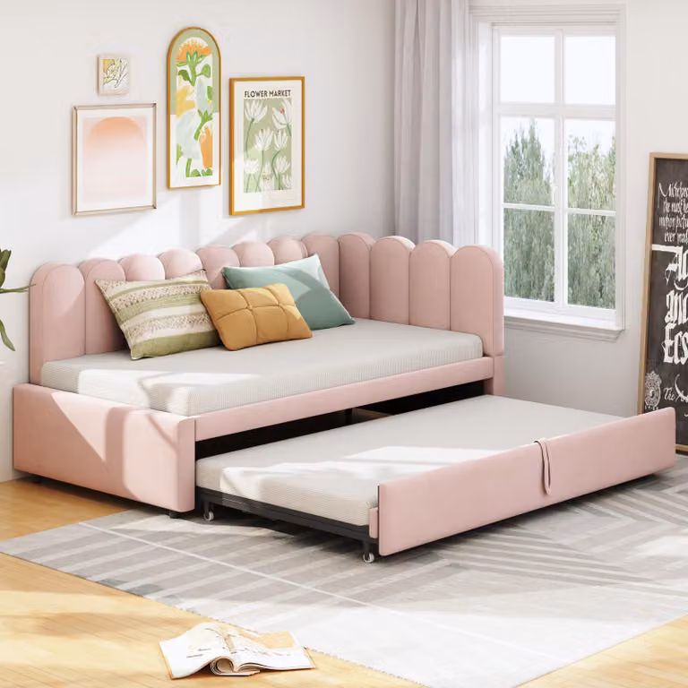 MODFU Divano letto 90×200 cm con letto estraibile, letto singolo per bambini con schienale floreale, letto multifunzionale 2 in 1 a forma di L per ragazzi, rosa (senza materasso)