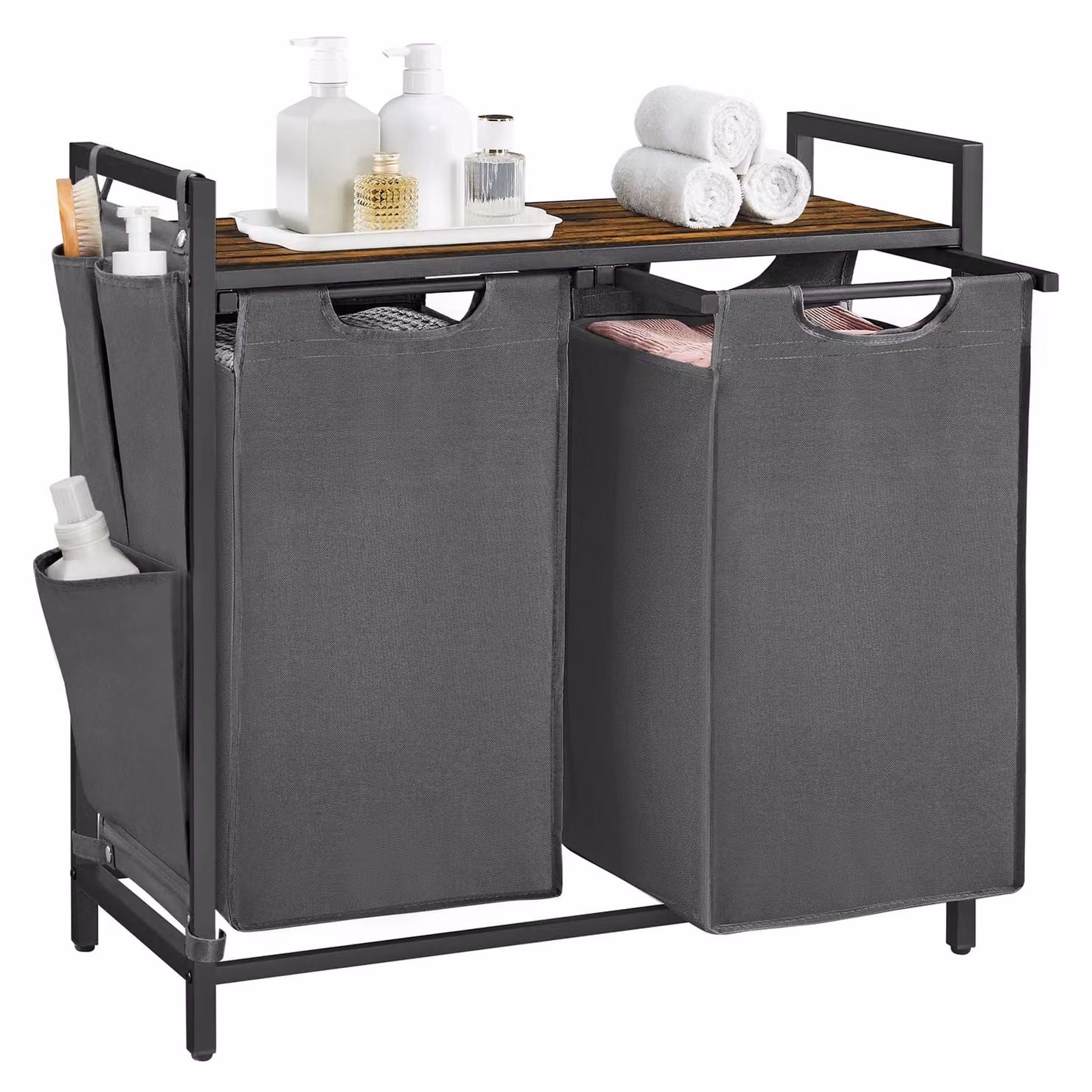 Cesto Portabiancheria con Piano Portaoggetti e Sacco Rimovibile, Grigio Piombo + Marrone Vintage / 2 x 46 L