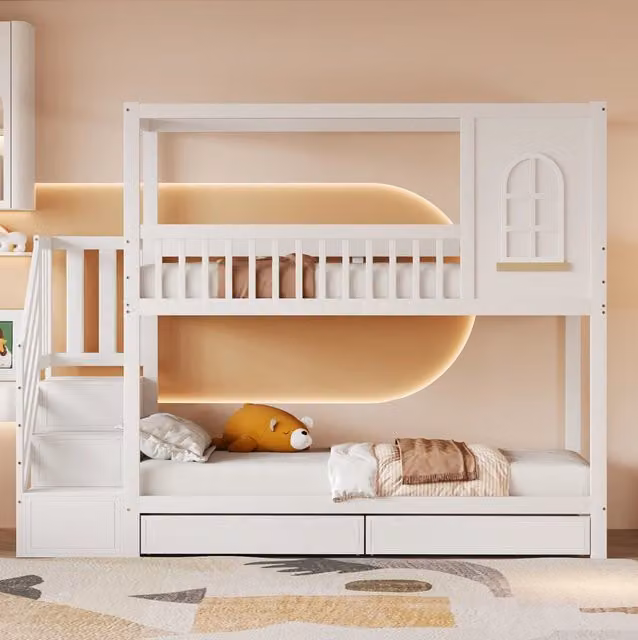 Letto a castello ULEVR 90x200 cm bianco con scala di sicurezza, cassetti, barriera protettiva e struttura a forma di casa