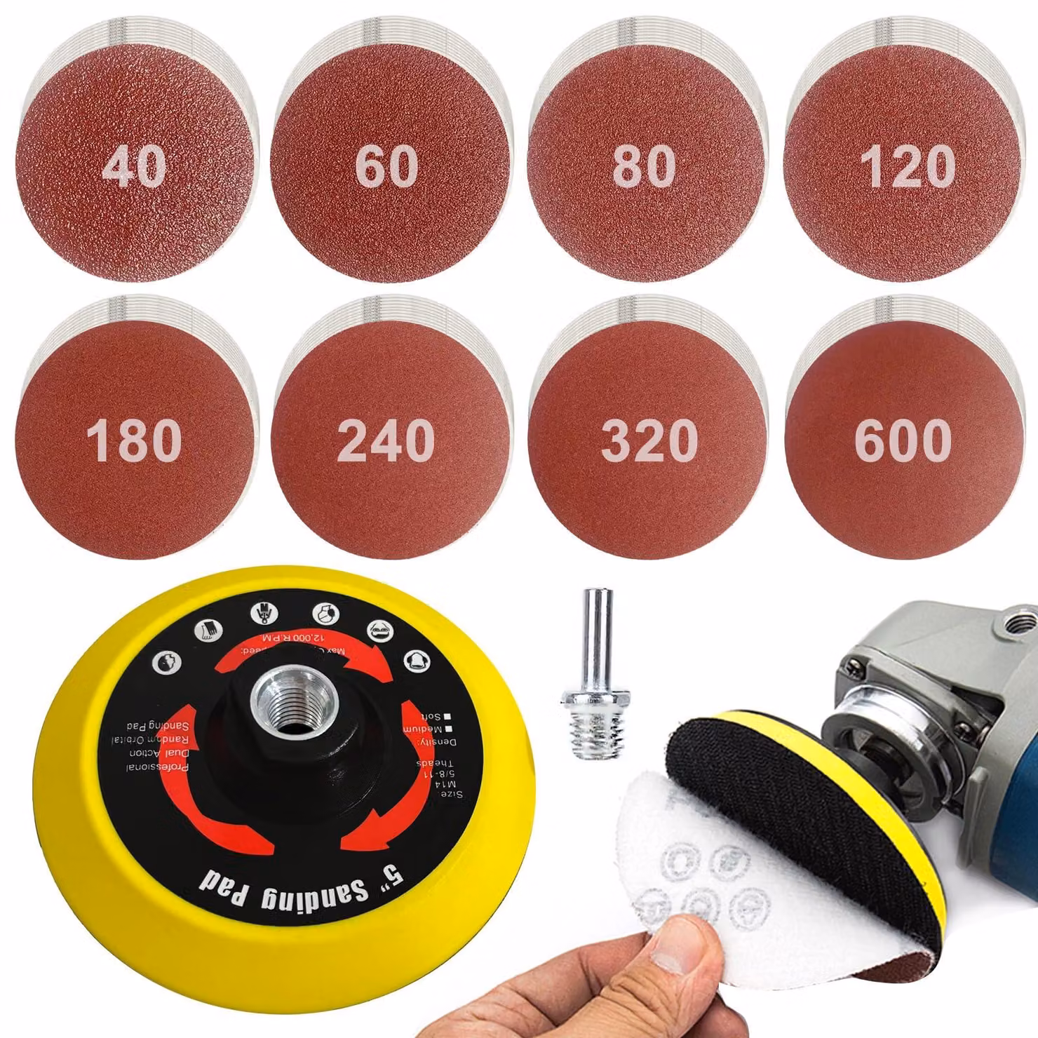 Set di 80 dischi abrasivi da 125 mm con sistema di fissaggio a velcro, per smerigliatrice angolare