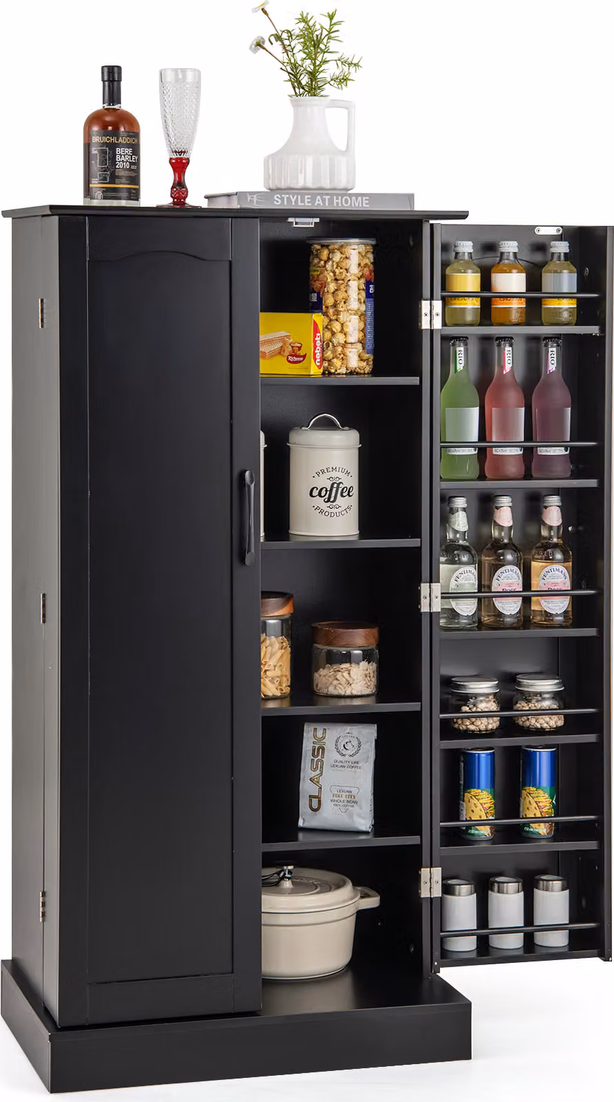 COSTWAY Mobile da cucina alto 120,5 cm, mobile buffet indipendente, credenza a 2 ante con protezione antiribaltamento, mobile dispensa moderno nero