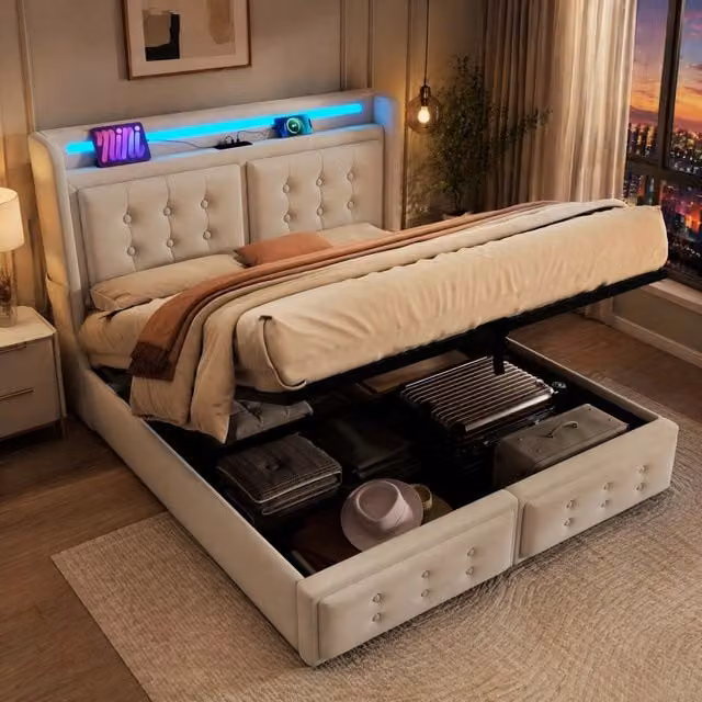 Letto 160x200 cm con contenitore, LED, prese USB e USB-C in cotone e lino beige