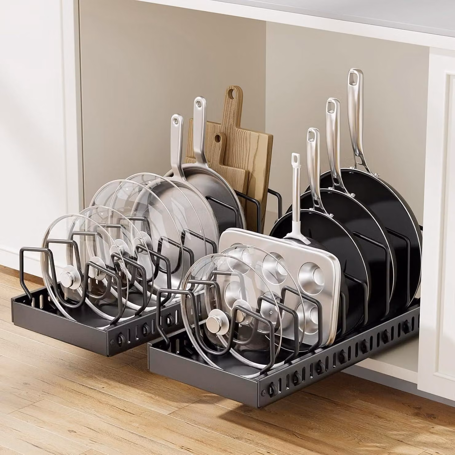 Set di 2 organizer estraibili per pentole, ideali per mobili sottopensili