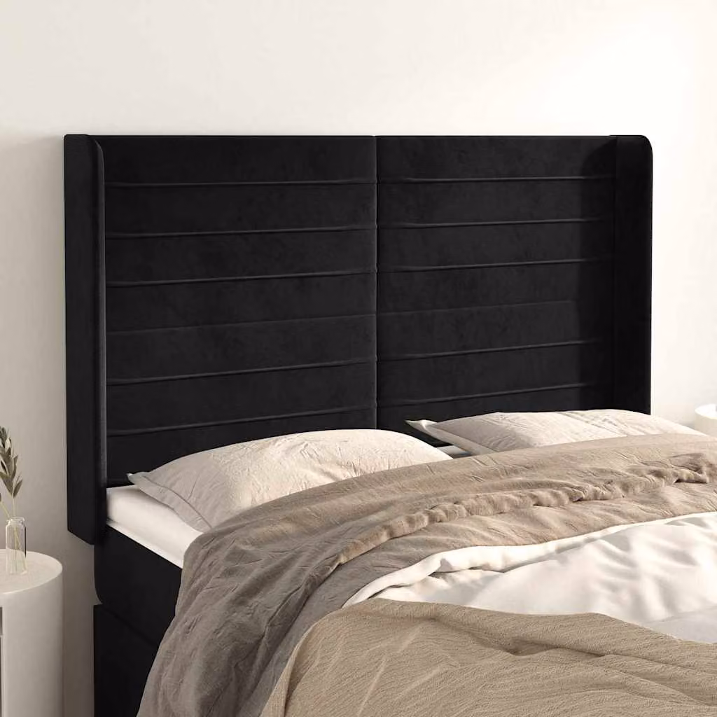 Testiera per letto vidaXL in velluto nero con design ad orecchio, L: 147 cm, P: 16 cm, H: 118-128 cm