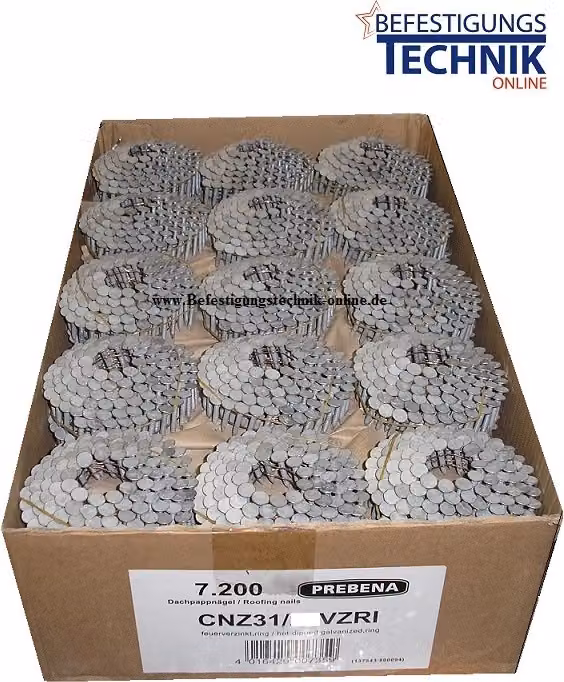 Chiodi per cartone bituminoso Prebena 3,1x32 mm con anello, zincati a caldo, per chiodatrici per cartone bituminoso 4X-CNZ45, Makita AN454, Bostitch