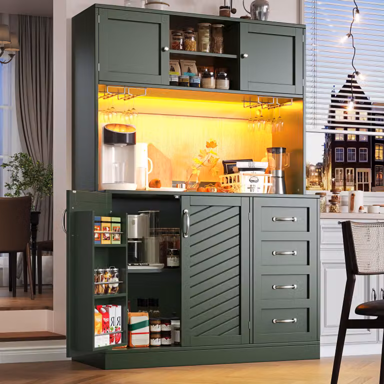 Credenza da cucina Flieks con illuminazione a LED, portabottiglie, 4 ante e 2 grandi cassetti, credenza 120x40x188 cm, mobile da buffet, verde