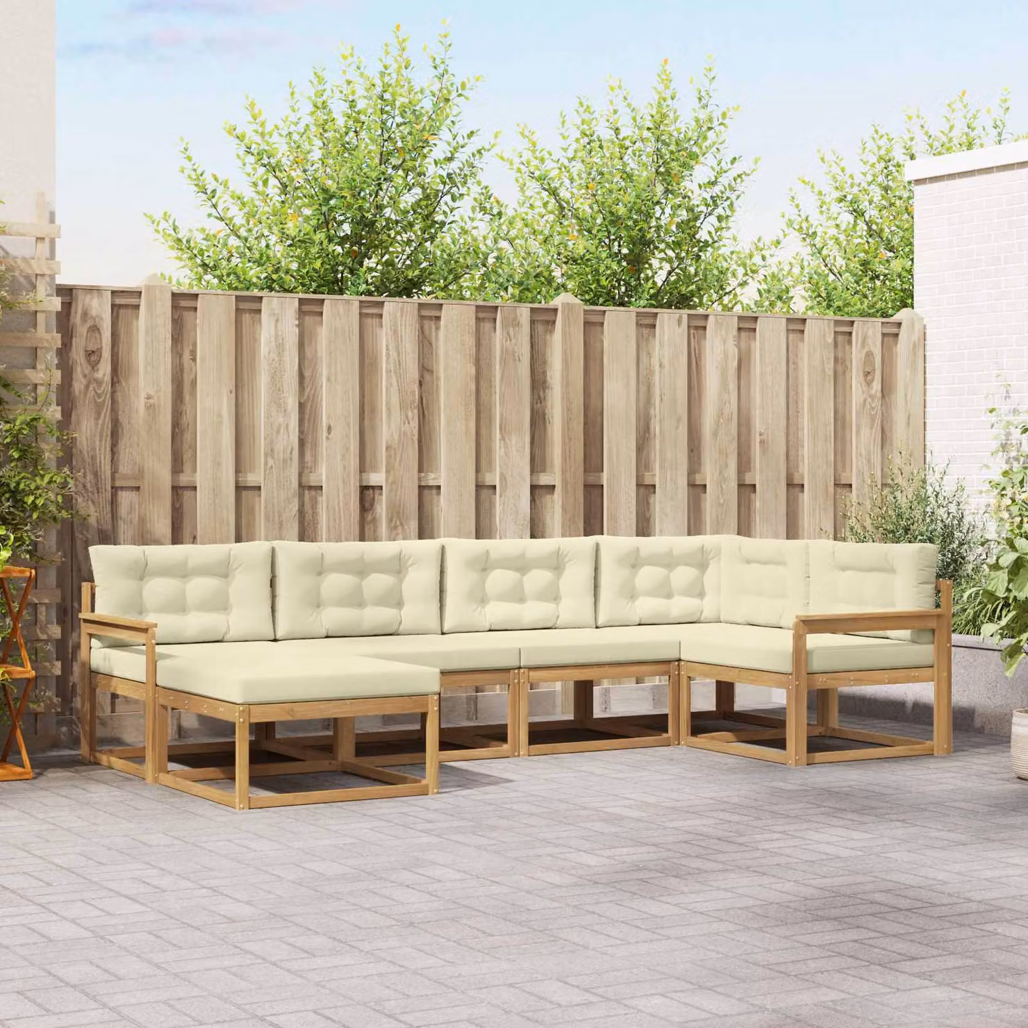Set di divani da esterno vidaXL a forma di L con pouf, in legno di acacia e tessuto bianco e beige