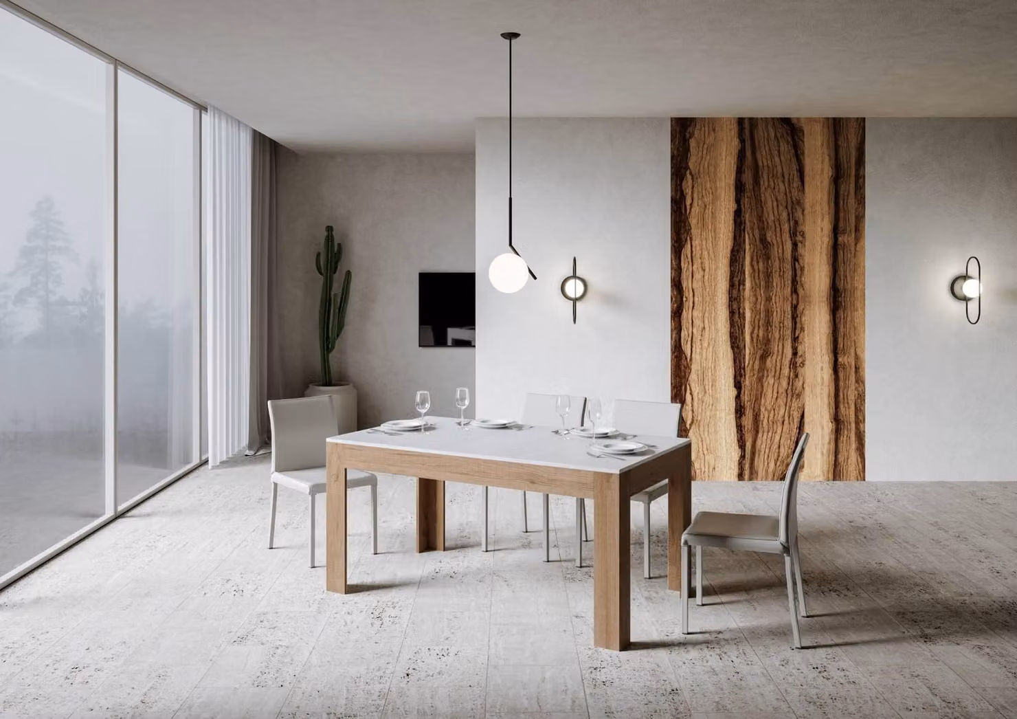 ITAMOBY - Tavolo allungabile 160/220x90 cm Bibi Mix piano bianco frassino - base quercia natura