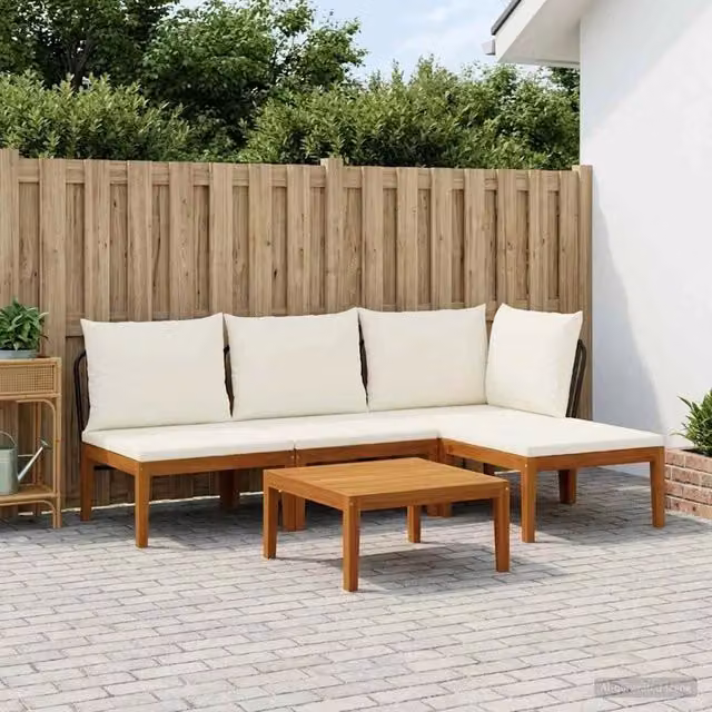 Set da giardino moderno vidaXL in legno di acacia con divano angolare a L, tavolino e pouf, colore beige e bianco