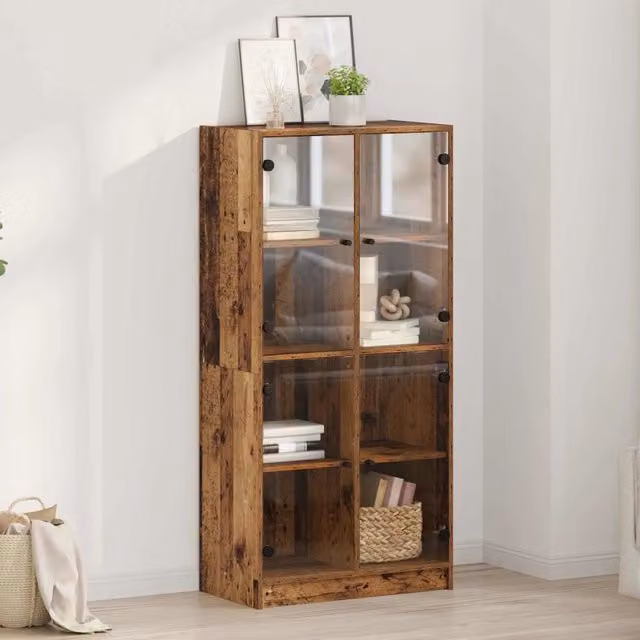 Credenza moderna vidaXL in legno e metallo marrone con ante in vetro e ripiani interni L/P/H: 68 x 37 x 142 cm – 1