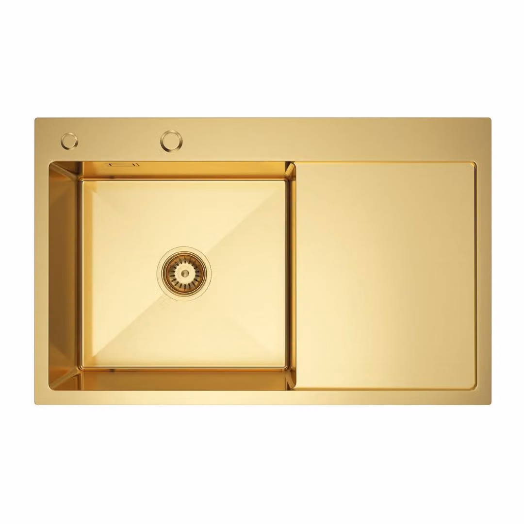 VBChome Lavello da cucina 78×49 cm in acciaio inossidabile color oro con sgocciolatoio a destra – Lavello a vasca singola da incasso, profondità 21 cm, mobile sottolavello minimo 50 cm