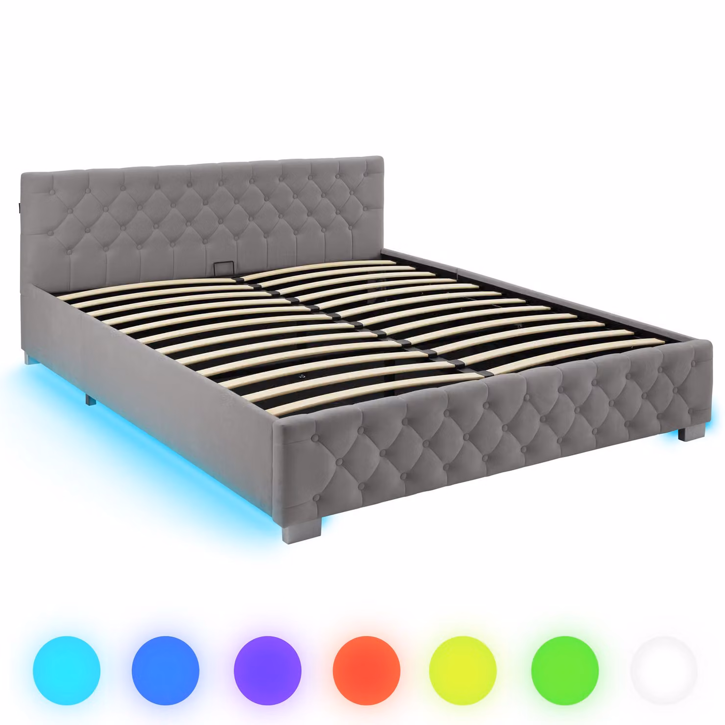 Letto imbottito modello Chesterfield tectake con contenitore a sollevamento e illuminazione LED sottostante, rivestimento in velluto grigio, L/P/H: 180 x 200 x 103 cm – 4