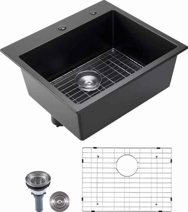 SucceBuy lavello da cucina in granito (635 x 559 x 254 mm) per montaggio in superficie, lavello da incasso in stile country con accessori, lavello per camper, cucine di preparazione e bar, nero
