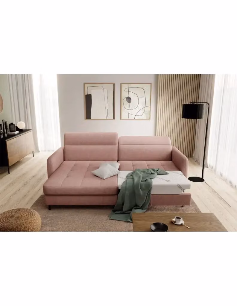 Divano ad angolo con funzione letto MEUBLORAMA collezione GOUMSI colore rosa, modello moderno con schienale regolabile e struttura in metallo, L/P/H: 228 x 165 x 128 cm – 2