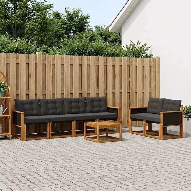 Set di divani da esterno a forma di U vidaXL in legno di acacia con tavolo da caffè, 7 pezzi, Beige e Nero – 1