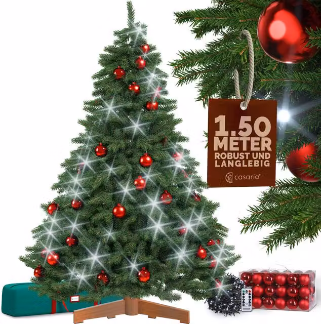 Albero di Natale artificiale Premium 150 cm + palline rosse + catena luminosa a luce fredda