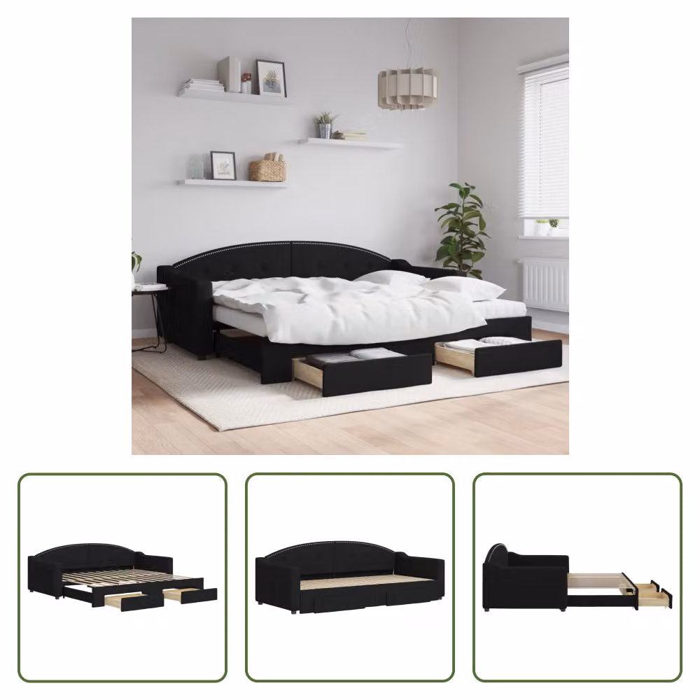 The Living Store Letto allungabile con cassetti nero 90x200 cm tessuto